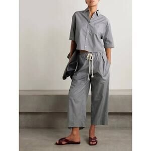 Cropped Pinstripe Button-Down Crop Top - Gray